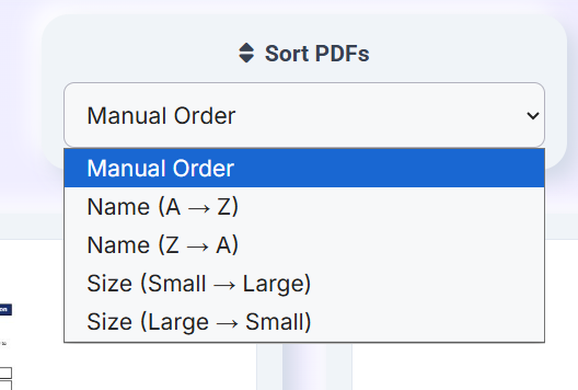 PDF sorting options interface showing manual order and sorting by name or file size