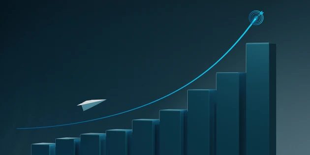 White plane is heading to target. Stock chart bar growth up success idea concept on dark background.