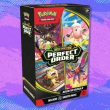 The Pokémon TCG: Mega Evolution—Perfect Order Booster Bundle on a blue and purple background