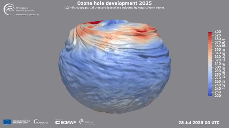3D rendering of the ozone hole evolution in 2025, beginning on July 28, 2025 and ending on September 13, 2025