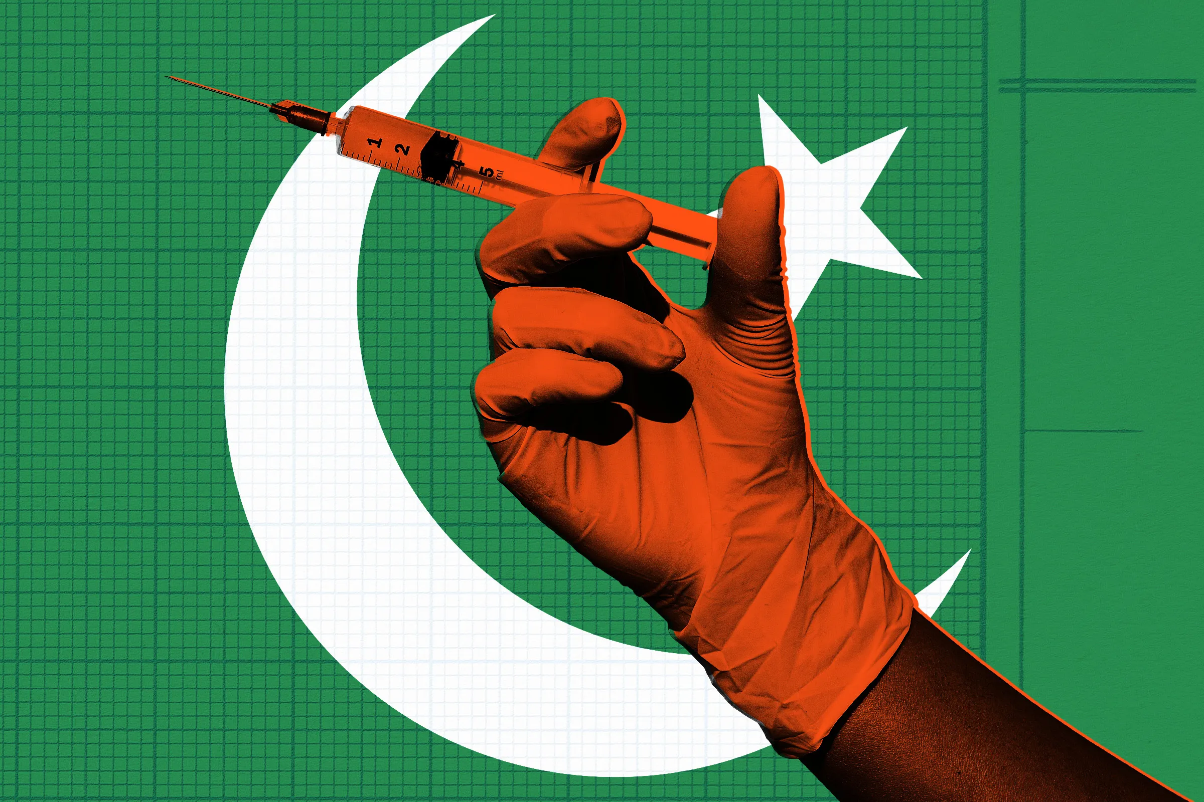 A hand wearing an orange glove holds a syringe against the backdrop of the Pakistan flag, which features a white crescent and star on a green field. The image has a grid overlay effect.