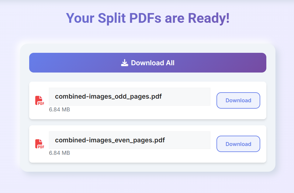 PDF splitter result showing multiple generated files with download buttons and download all option