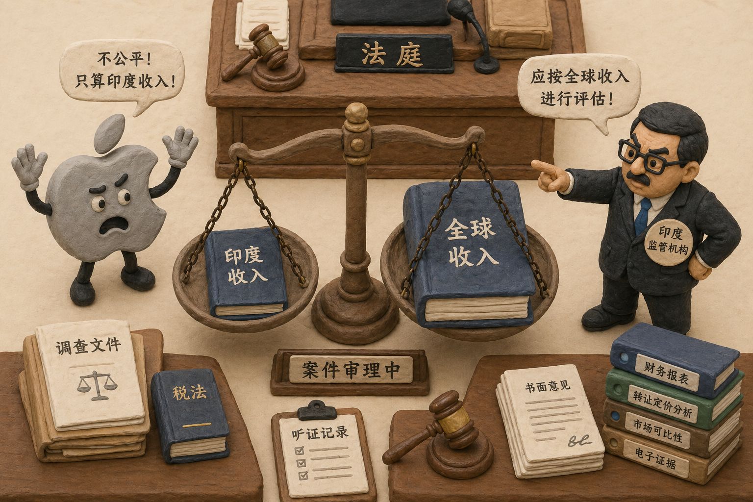 一座天平左侧放着标注“印度收入”的小账本,右侧放着标注“全球收入”的厚重总账,苹果标志站在一边抗议,印度监管官员指向右侧,法庭场景俯视角,羊皮纸,钢笔彩色手绘的统一风格。