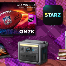 A TCL TV, Stars Logo, Lenovo laptop, Anker power station, and Cuisinart ice cream maker on a colorful background
