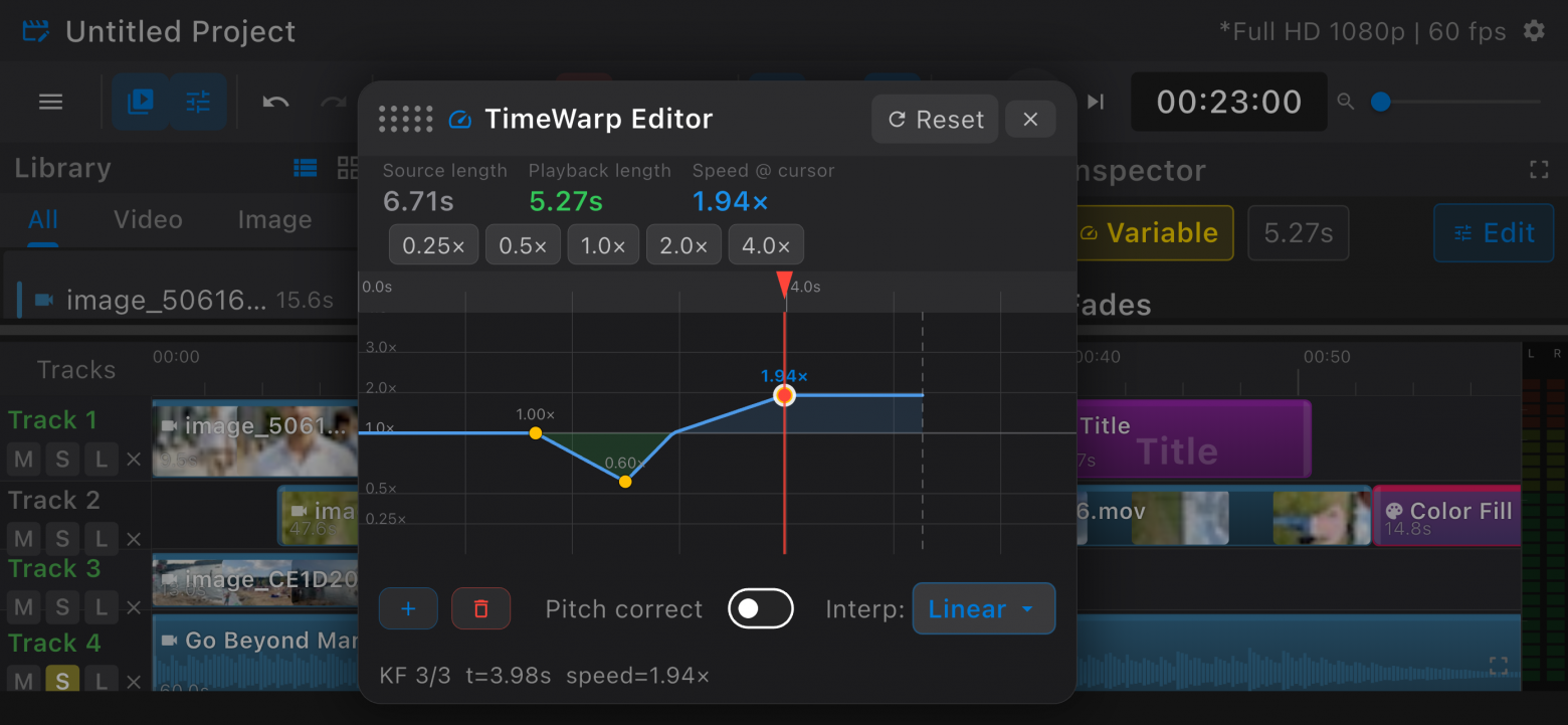 MultiTrack - окно TimeWarp для работы с изменением скорости MultiTrack - окно TimeWarp для работы с изменением скорости