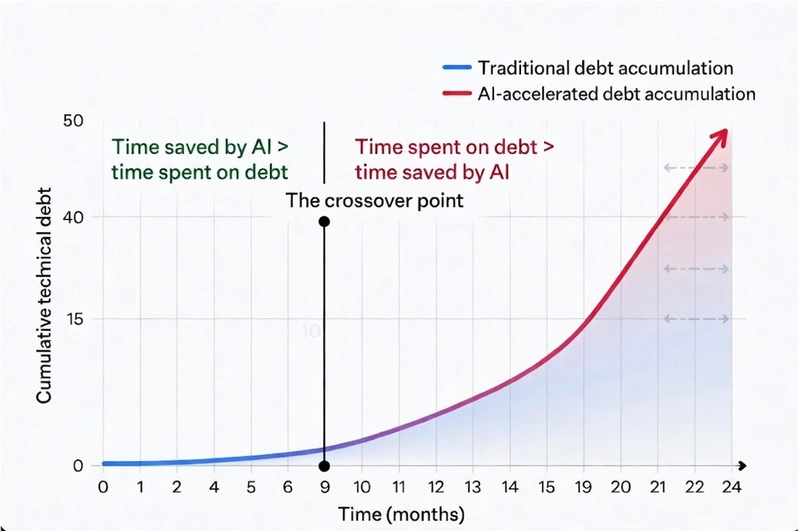 a graph with two lines. The blue line is traditional debt accumulation - gradual, linear-ish. The red line is AI-accelerated debt. It starts similar, then curves sharply upward. At some point, the lines cross. That's the moment where the time you spend debugging, maintaining, and trying to understand AI-generated code **exceeds** the time the AI saved you in the first place.