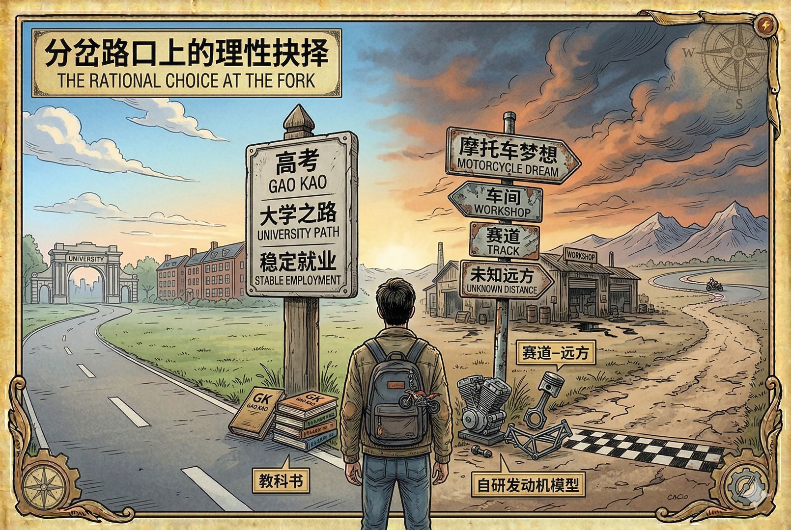 分岔路口上的年轻人背影,一边是高考、大学、稳定就业的道路标识,另一边是摩托车、车间、赛道与未知远方,天空与地面形成鲜明对照,象征理想与确定性的选择,羊皮纸,钢笔彩色手绘的统一风格。
