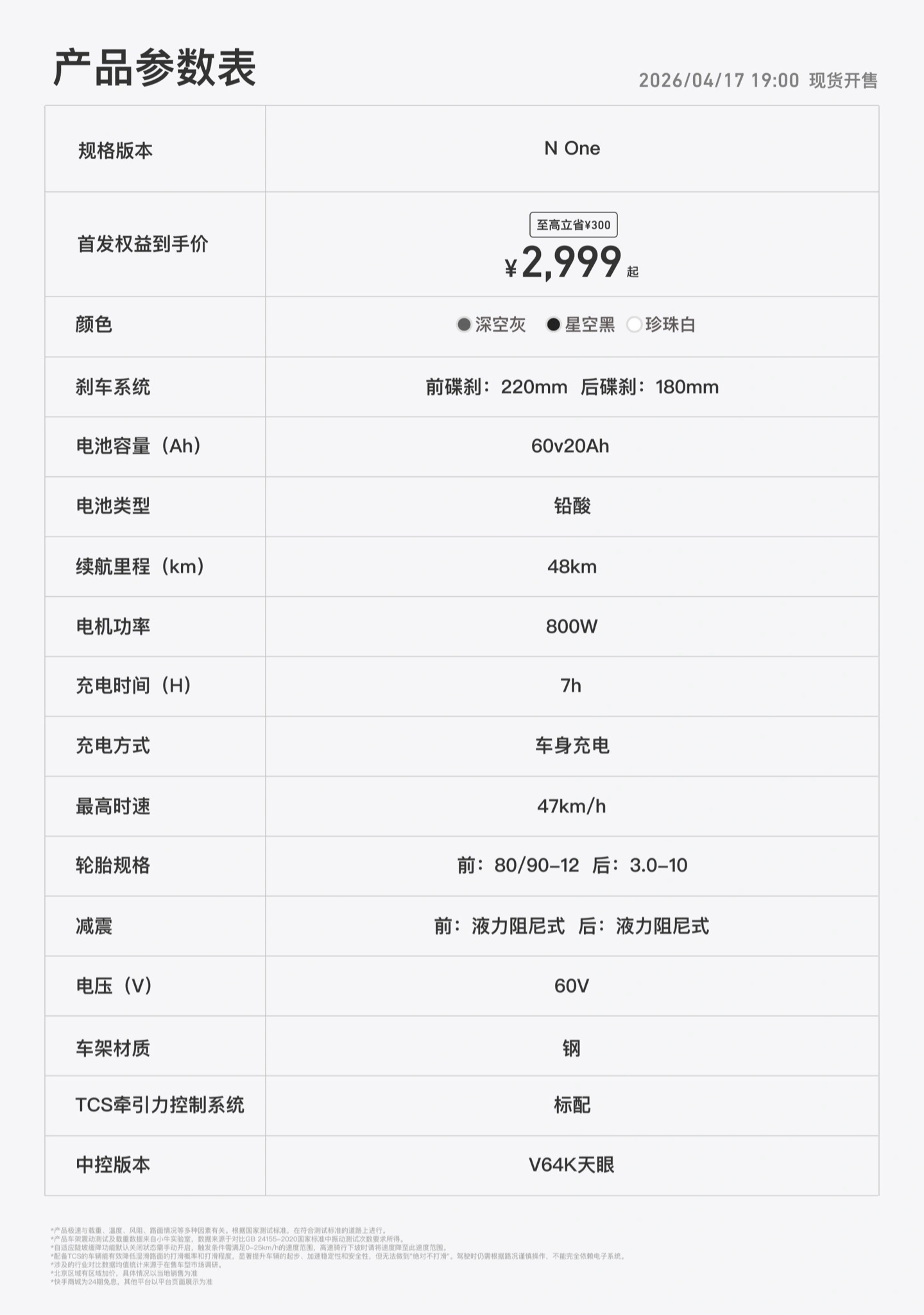 小牛 N One 电动摩托车发布:电机峰值功率 1800W,极速 47km/h,2999 元