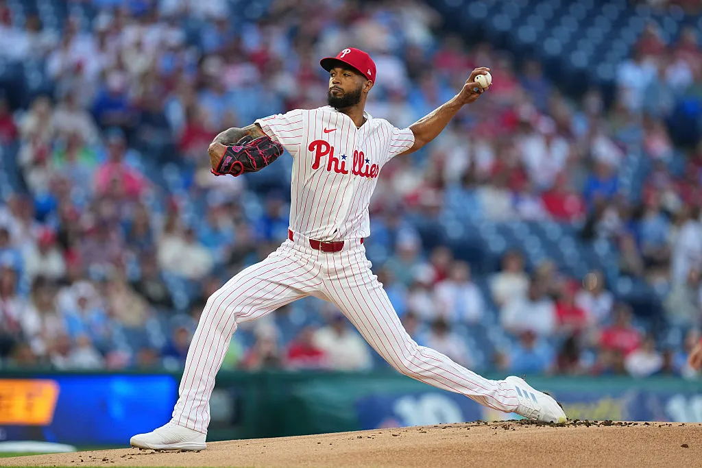 PHILADELPHIA, PENNSYLVANIA - APRIL 13: Cristopher Sánchez #61 of the Philadelphia Phillies throws a pitch in the top of the first inning against the Chicago Cubs at Citizens Bank Park on April 13, 2026 in Philadelphia, Pennsylvania. (Photo by Mitchell Leff/Getty Images)