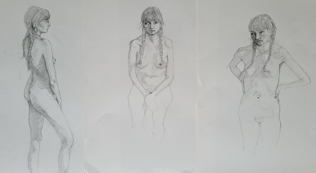 3 drawings in a row, each showing the same female-presenting model. The first is standing side-on, and second is seated, and the third standing.