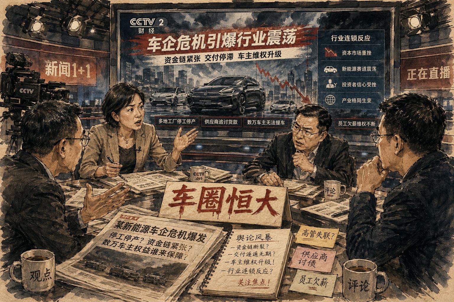 电视演播室的屏幕上播着汽车企业新闻,前景几位观众围坐讨论,桌上摊着报纸与写有“车圈恒大”的醒目标题卡片,画面像一场舆论风暴刚刚掀起,羊皮纸,钢笔彩色手绘的统一风格。