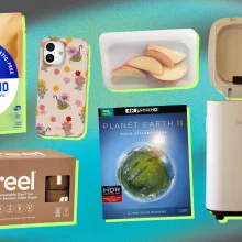 Blueland laundry tablets, Reel bamboo toilet paper, phone case with cats on it, Stasher bag with apple slices inside, "Planet Earth II" DVD, person putting plates scrapings into Reencle Prime composter arranged on gray and blue backdrop