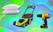 Two pillows, a green lawn mower, and a yellow cordless drill arranged on green and blue backdrop