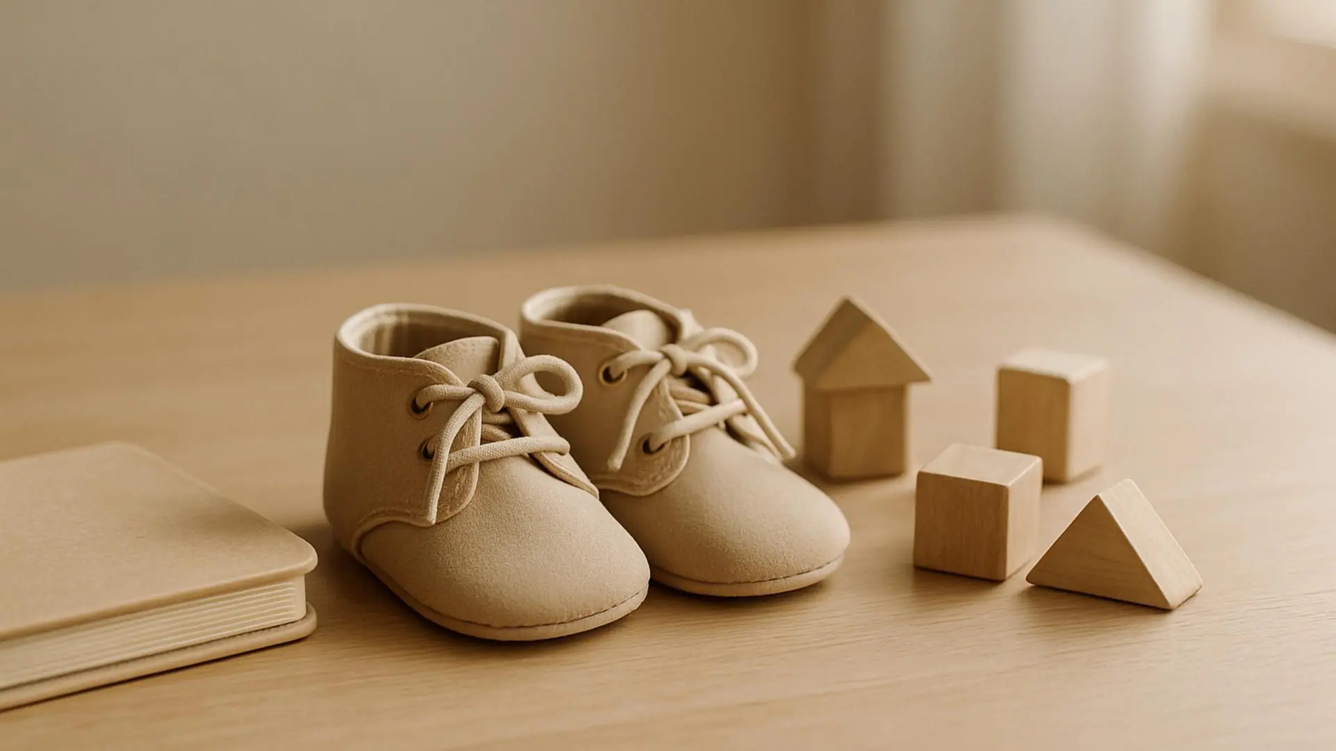 Zapatitos de bebé junto a bloques de madera y un libro infantil sobre una mesa iluminada por luz natural.