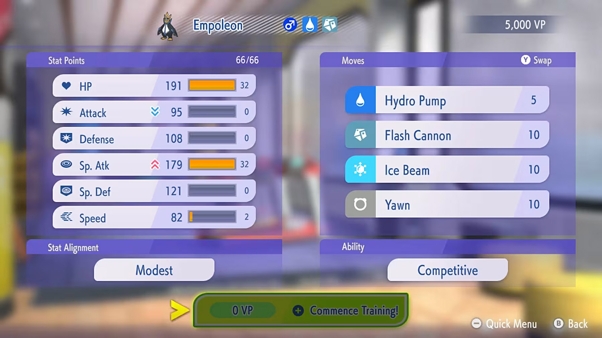 The image shows a Pokémon game interface displaying Empoleon's stats and moves, with 'Stat Points' like HP at 191, and moves such as Hydro Pump and Flash Cannon listed, alongside options for 'Competitive' ability and 'Commence Training!' button.