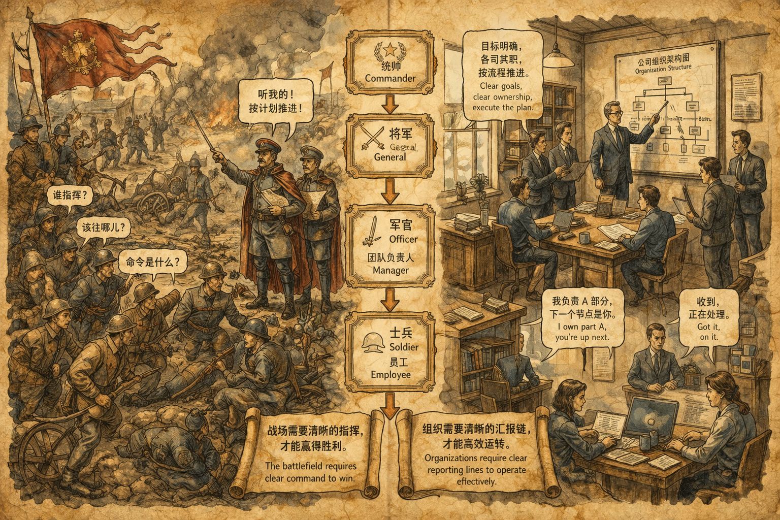 一支陷入混战的战场队伍中,士兵们在烟雾中辨认军衔听令;画面另一侧映照成现代办公室中的层级汇报链,强调责任归属与指挥权的稳定性,羊皮纸,钢笔彩色手绘的统一风格。
