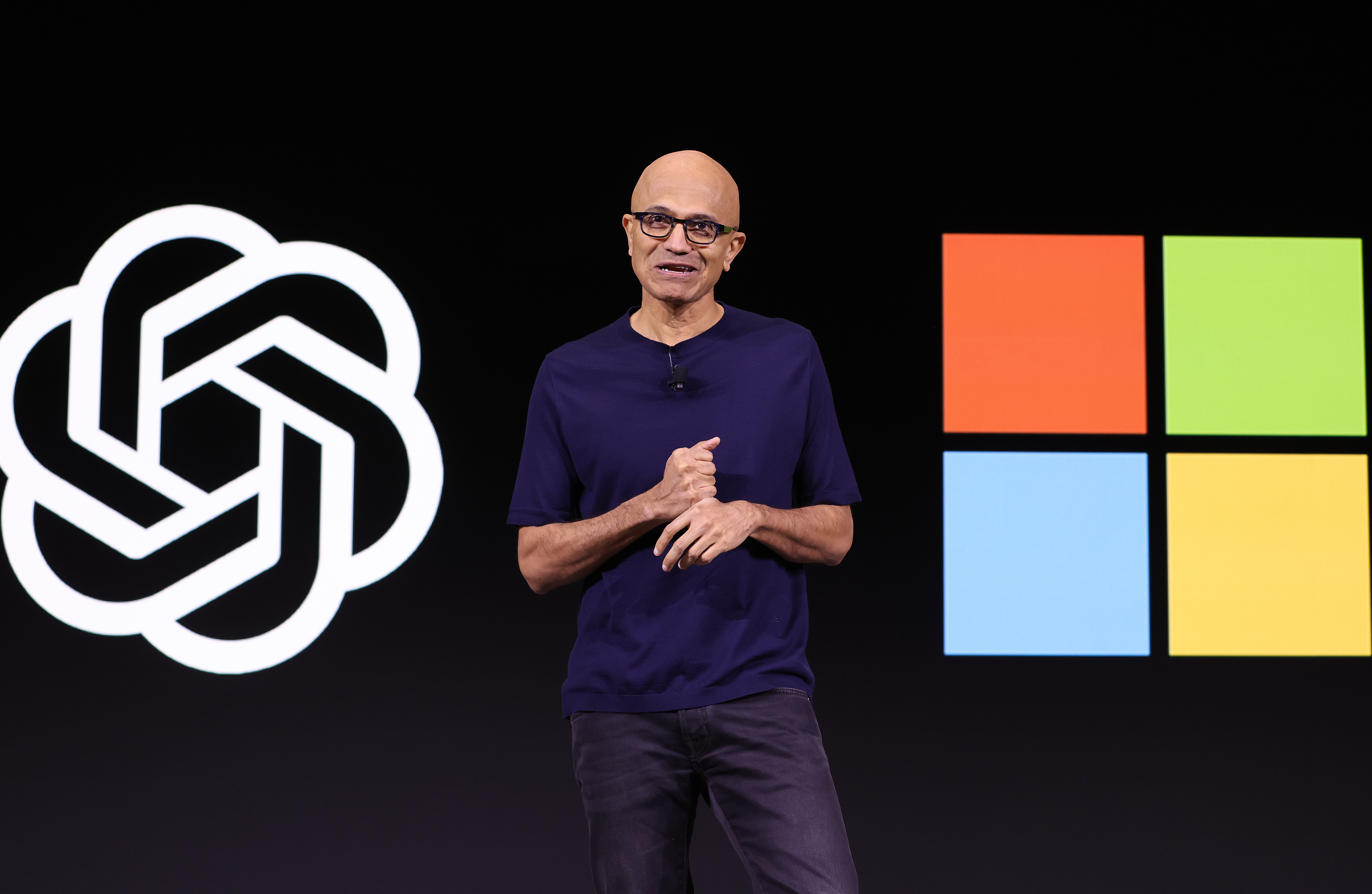 Microsoft CEO Satya Nadella speaks during the OpenAI DevDay event on November 06, 2023 in San Francisco, California.