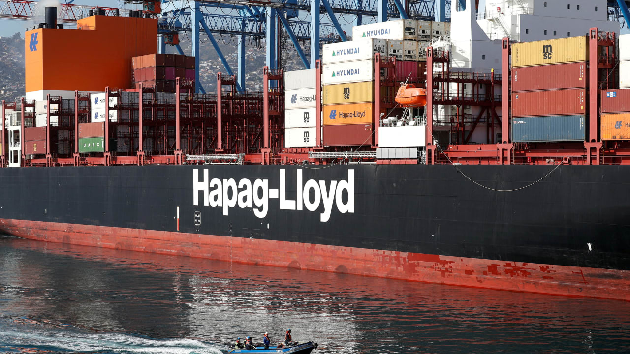 Hapag-Lloyd sign on a container ship at the Valparaiso port, Chile, January 11, 2024. Hapag-Lloyd sign on a container ship at the Valparaiso port, Chile, January 11, 2024.