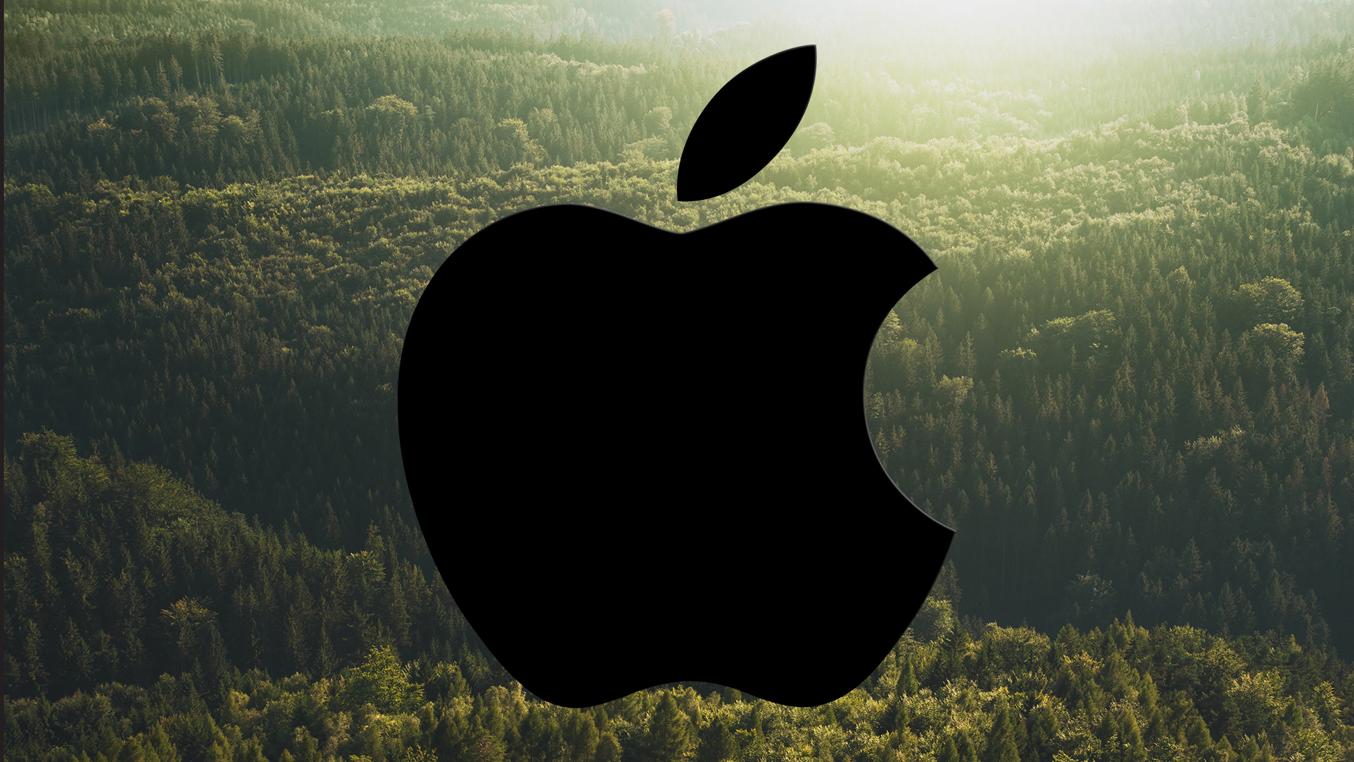 An Apple logo over a forest.