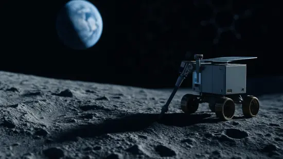 Una sonda toma muestras sobre la superficie de la Luna con la Tierra al fondo.