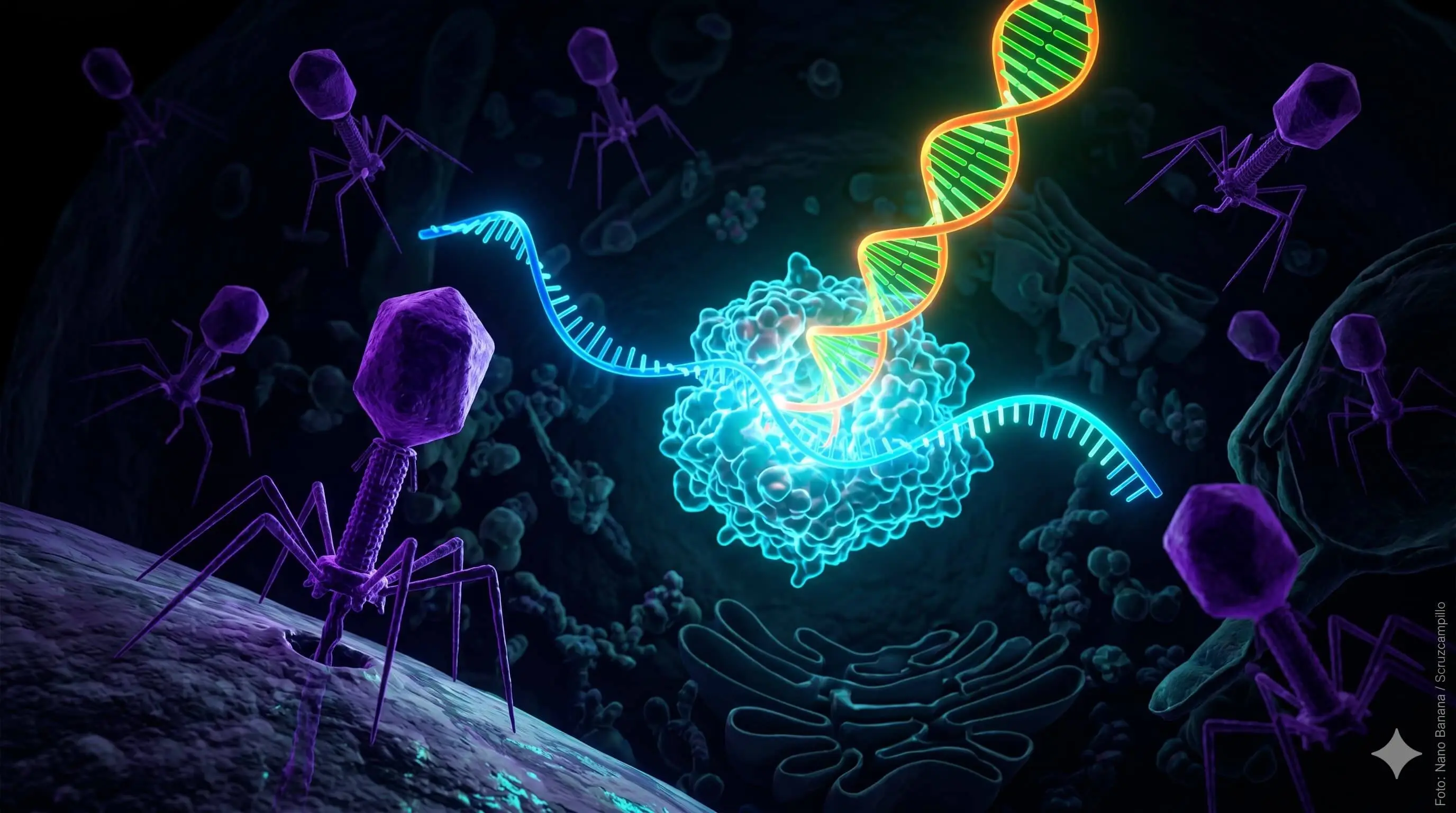 Recreación artística de la transcriptasa inversa bacteriana fabricando ADN de defensa a partir de un molde de ARN para detener una infección viral. Foto: Nano Banana / Scruzcampillo.