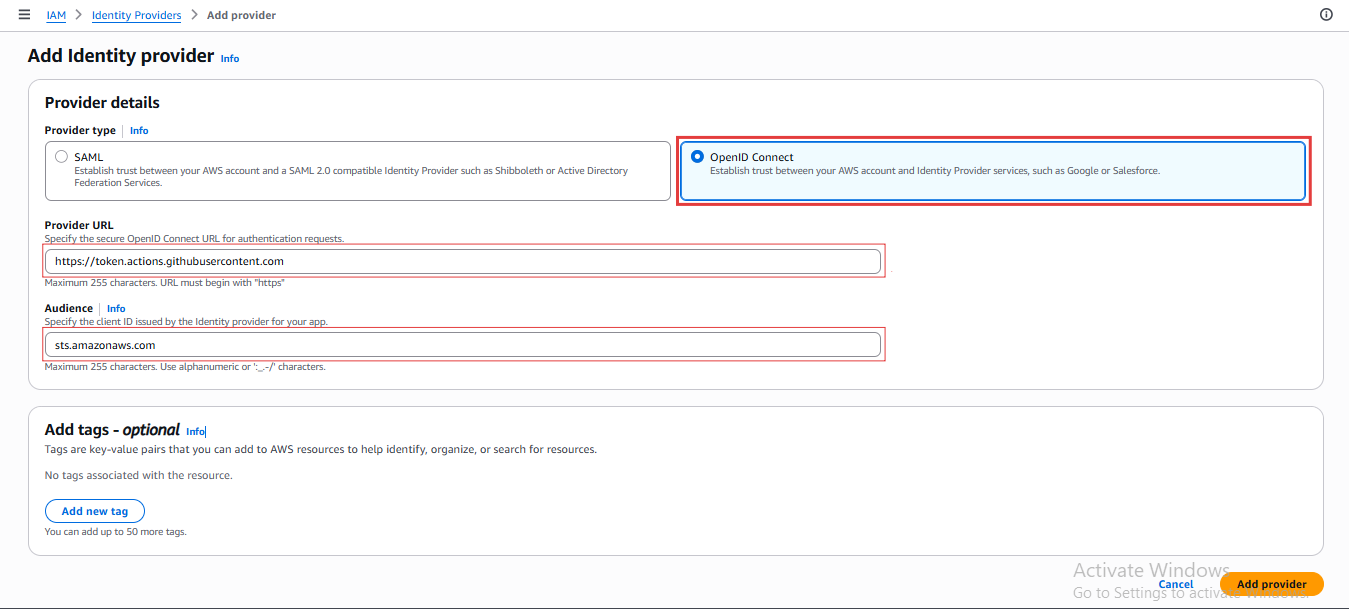 AWS IAM console showing the Add Identity Provider form configured for GitHub Actions OIDC