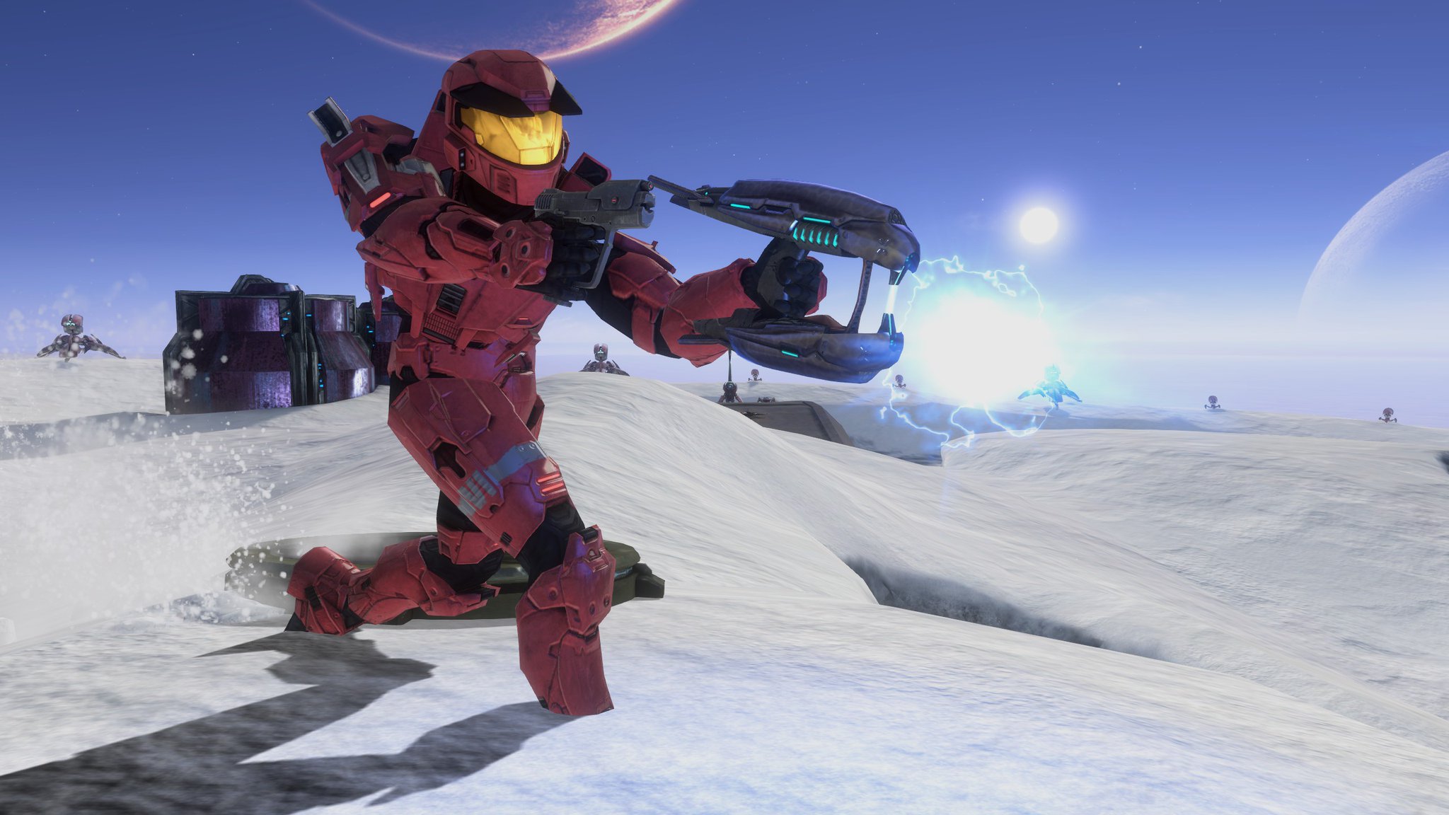 A red armored spartan from Halo sprints through a snowy alien landscape, holding a futuristic weapon. A bright energy blast and distant planets are visible.
