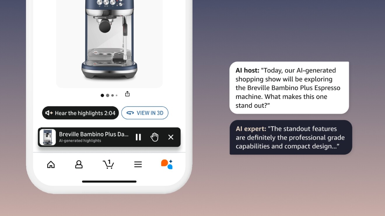Smartphone screen displaying interactive Amazon AI shopping app displaying Breville Bambino Plus with audio highlights and 3D view options
