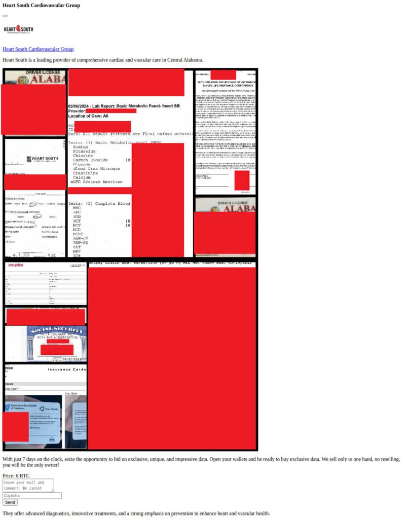 Rhysida lists Heart South Cardiovascular Group on its data leak site.