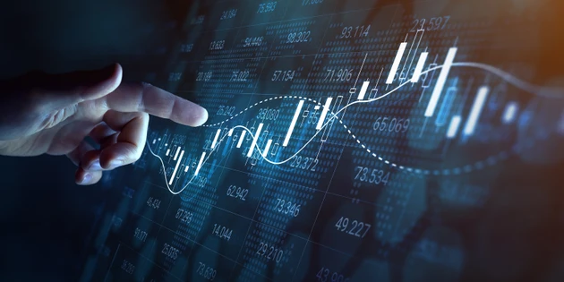 Stock market financial investment and trading graph interface showing ticker price evolution with candlestick chart and moving average curves. Increasing profit. Forex. Person touching virtual screen.
