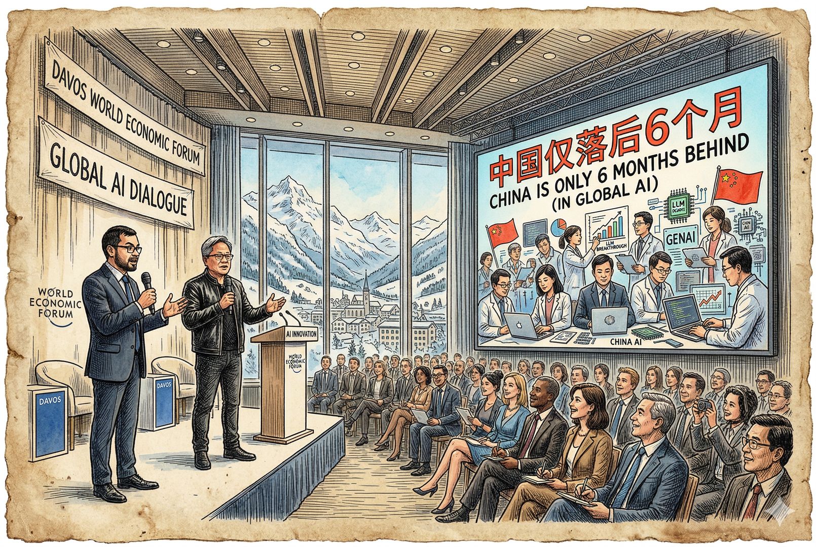 达沃斯风格的国际论坛会场,一侧是哈萨比斯与黄仁勋形象化人物在发言,另一侧大屏幕显示“中国仅落后6个月”和中国学者、工程师群像,气氛转为明亮,羊皮纸,钢笔彩色手绘的统一风格。