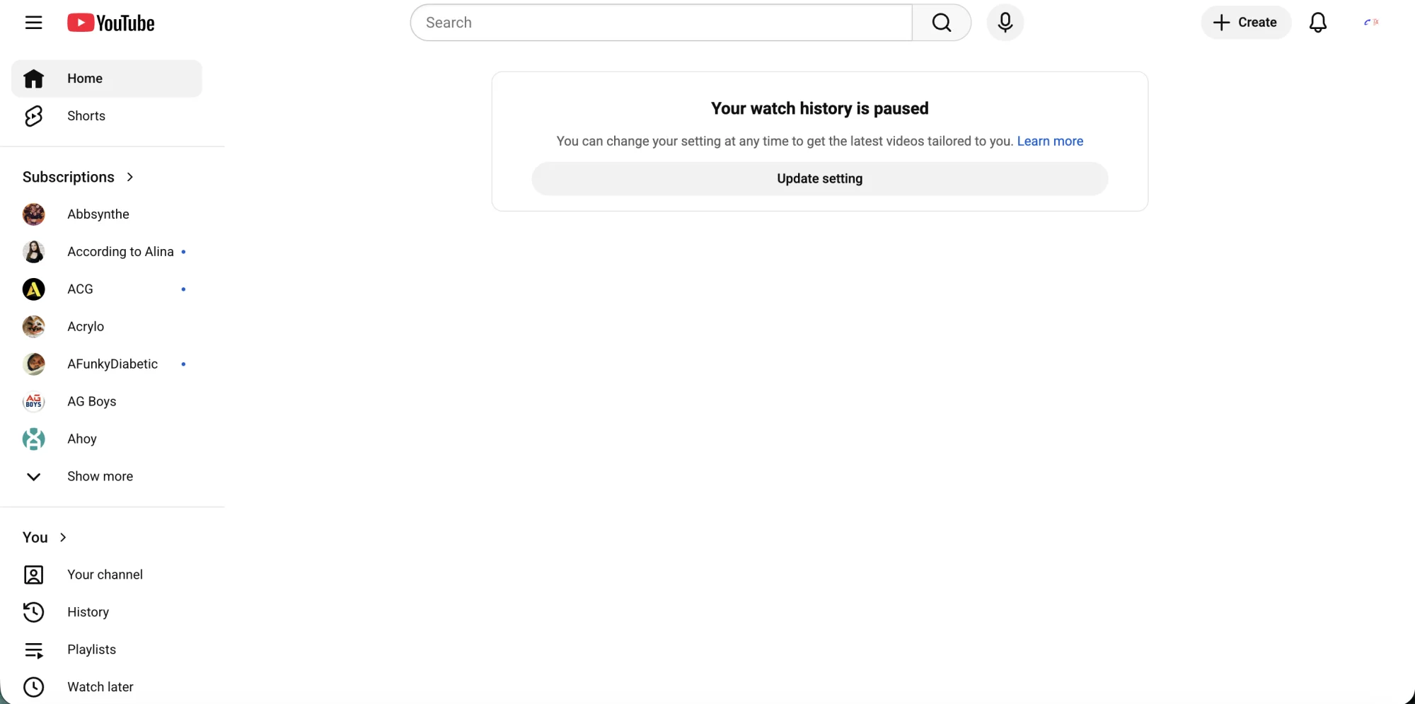 Screenshot of a blank youtube homepage