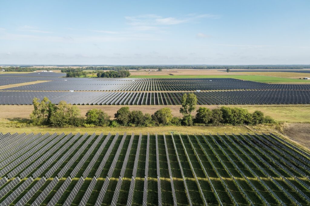 An aerial shot of a solar farm.
