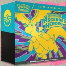 The Pokémon TCG: Mega Evolution — Ascended Heroes Elite Trainer Box on a red, orange, and green background