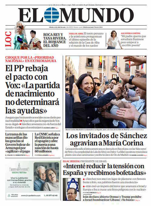 Portada de EL MUNDO del s�bado 18 de abril de 2026