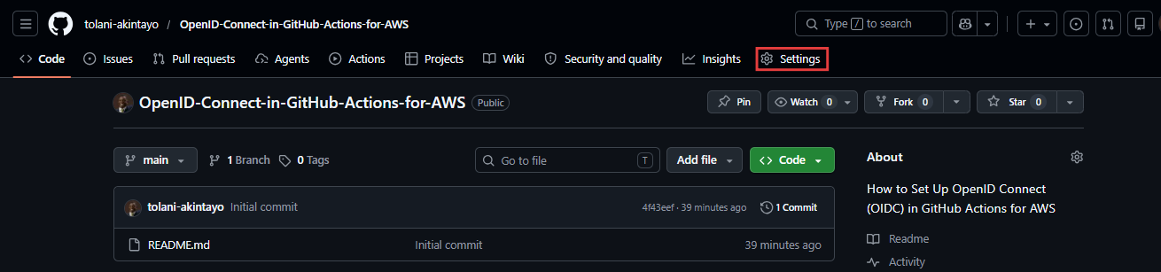 GitHub repository top navigation bar with the Settings tab highlighted