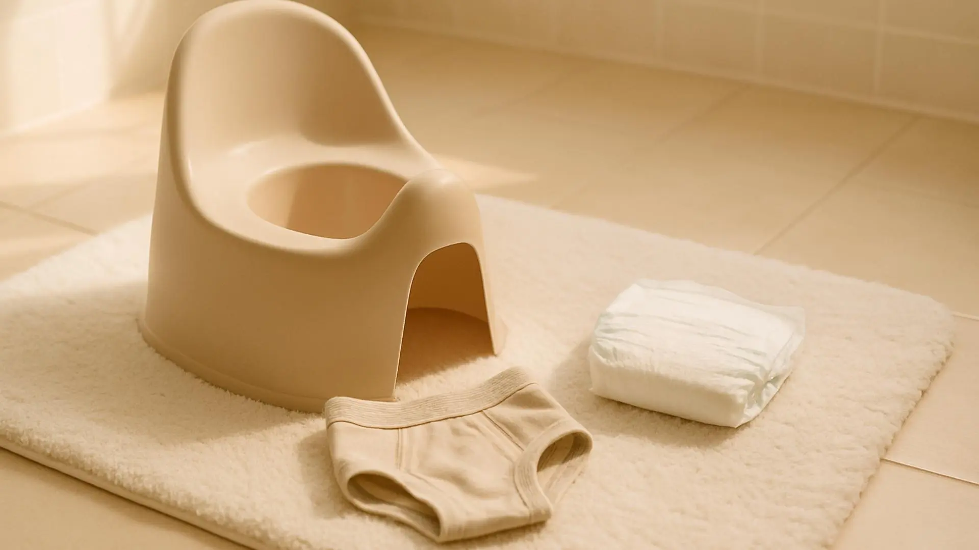 Orinal infantil junto a ropa interior pequeña y un pañal doblado en un baño luminoso.