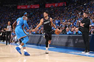 OKLAHOMA CITY, OK - APRIL 19: Devin Booker #1 of the Phoenix Suns dribbles the ball during the game against the Oklahoma City Thunder during Round One Game One of the 2026 NBA Playoffs on April 19, 2026 at Paycom Center in Oklahoma City, Oklahoma. NOTE TO USER: User expressly acknowledges and agrees that, by downloading and or using this photograph, User is consenting to the terms and conditions of the Getty Images License Agreement. Mandatory Copyright Notice: Copyright 2026 NBAE (Photo by Zach Beeker/NBAE via Getty Images)