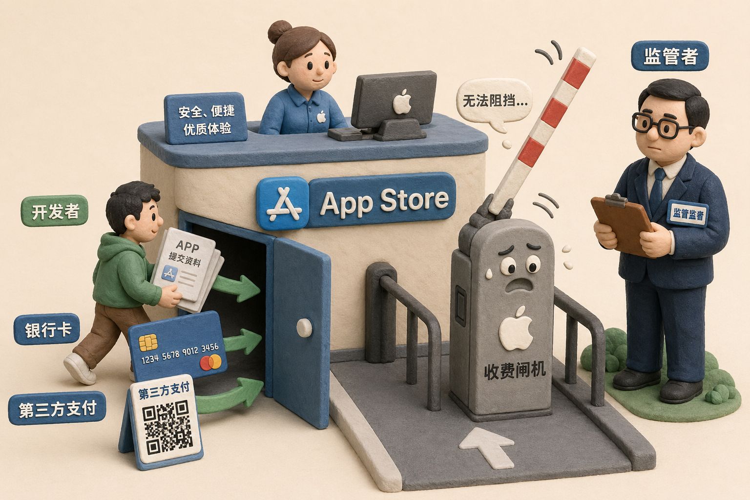 一个App Store收银台被打开侧门,开发者、银行卡、第三方支付二维码从侧门进入,苹果收费闸机被迫抬起栏杆,监管者站在一旁监督,羊皮纸,钢笔彩色手绘的统一风格。