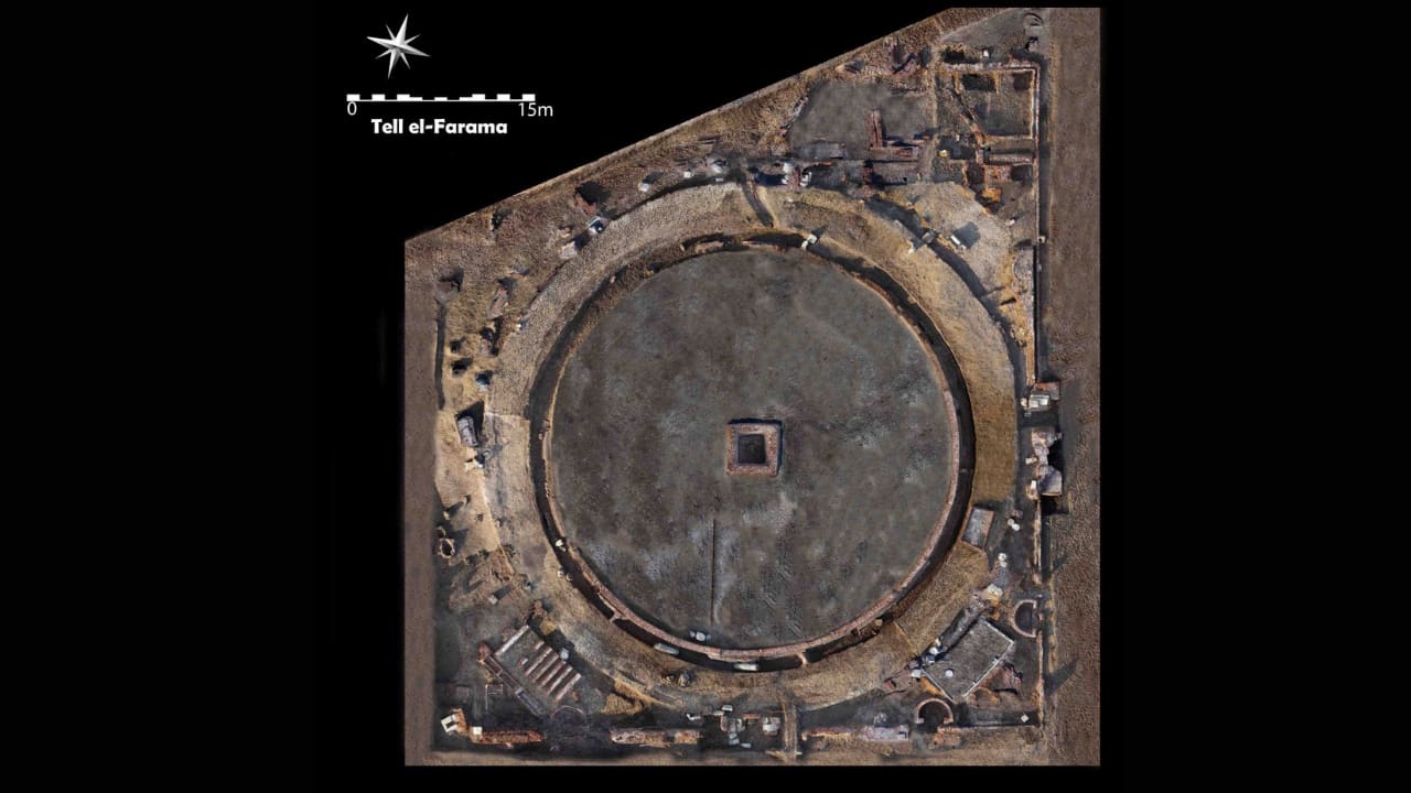 Aerial photo of the ancient temple discovered at Tell el-Farma in the northern Sinai, April 15, 2026. Aerial photo of the ancient temple discovered at Tell el-Farma in the northern Sinai, April 15, 2026.