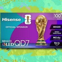 hisense 100-inch class qd7 mini-led 4k tv against a green patterned background