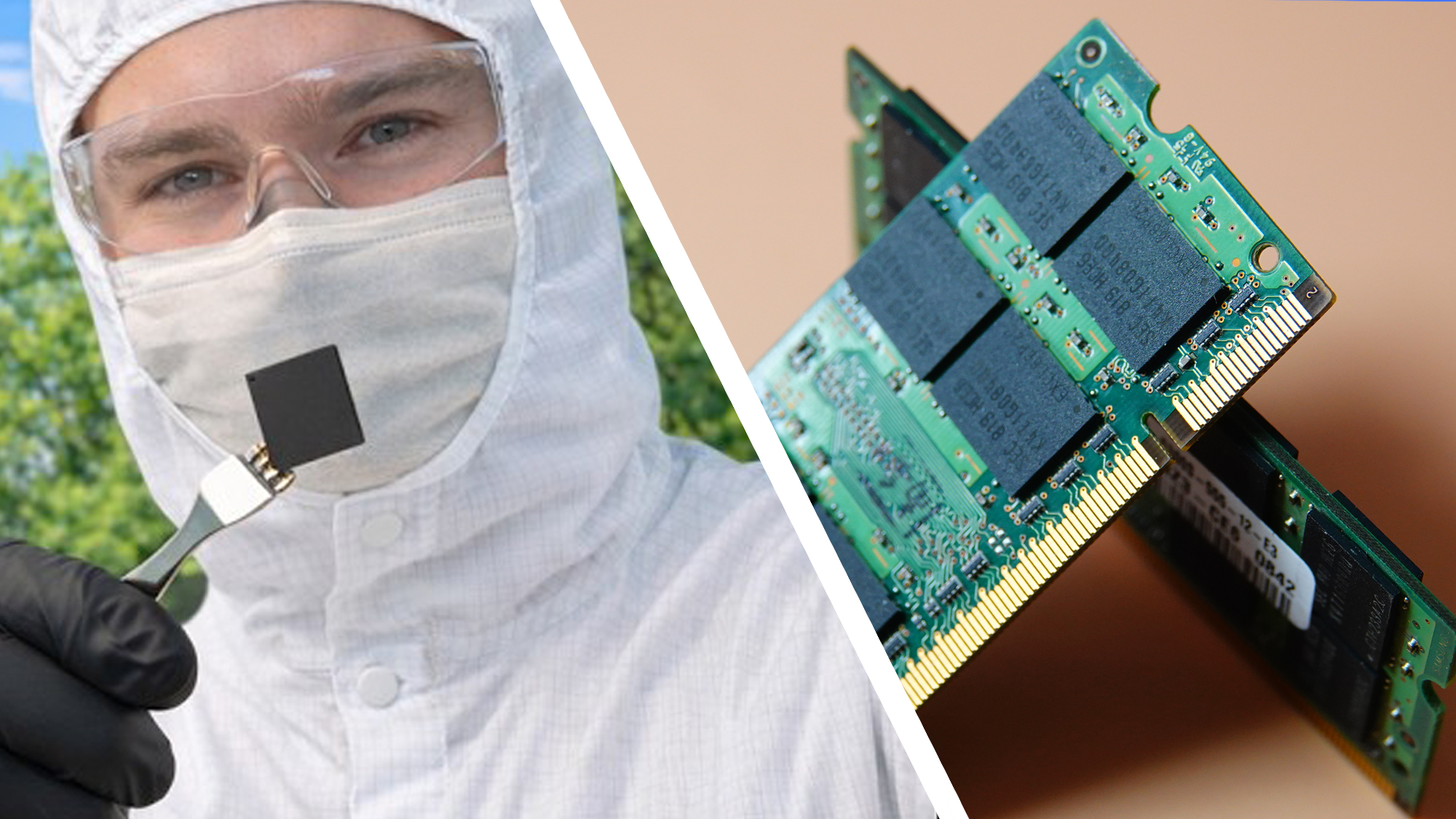 An image of a man in a lab coat holding a piece of RAM, next to two RAM sticks leaning against each other on a beige background