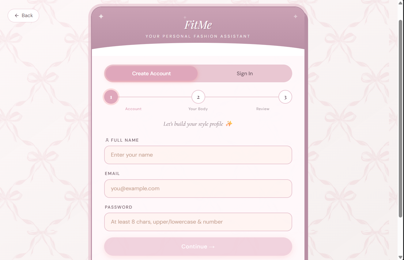 Onboarding screen showing account creation, email verification, and profile fields for body shape, height, weight, and style preferences.