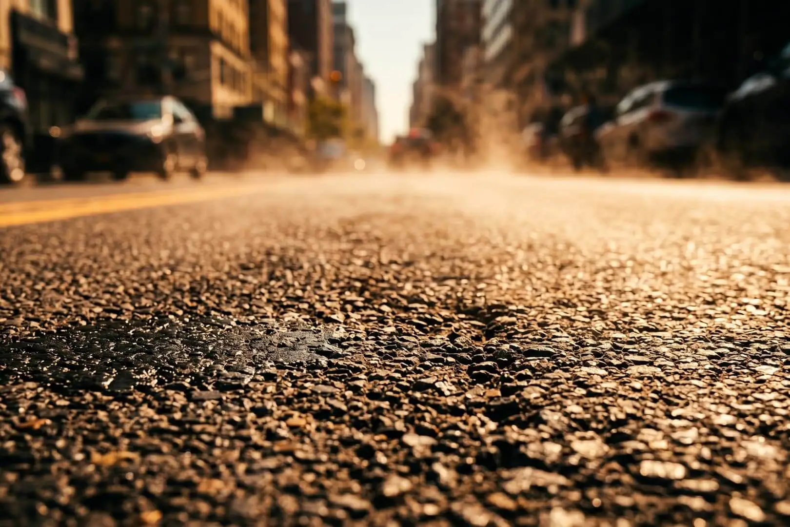 Recreación artística que muestra la textura granular de una superficie de asfalto ardiente de la que emanan visibles ondas de calor que distorsionan el entorno urbano de fondo. Foto: Nano Banana / Scruzcampillo.