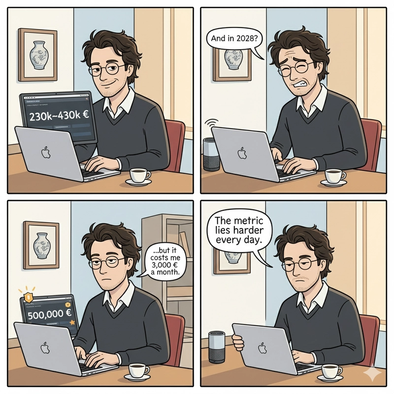 Strip BD — Le dashboard de Michel affiche 230–430 k€, mais il demande « And in 2027? », découvre la réalité du coût (500 k€ écrits), et conclut : « the metric lies harder every day »