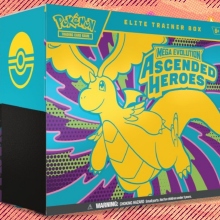 The Pokémon TCG: Mega Evolution — Ascended Heroes Elite Trainer Box on a red and orange background