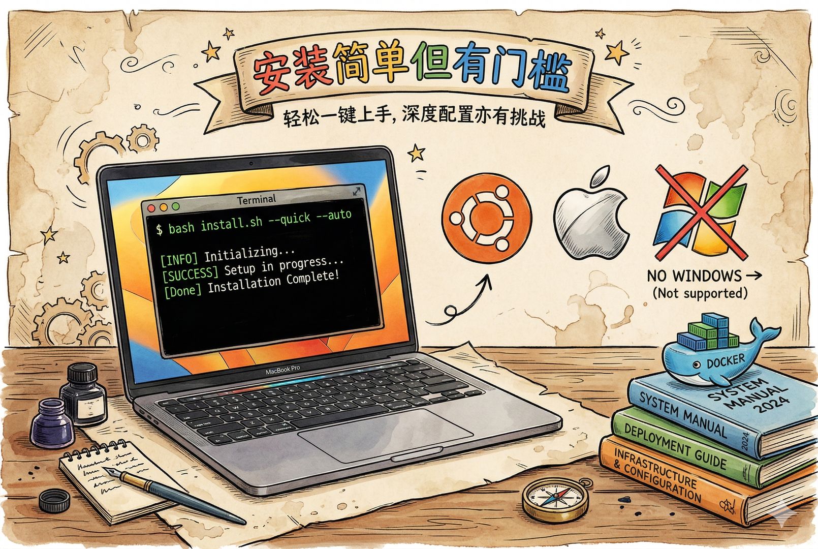 一台打开终端的 MacBook Pro 屏幕上显示一键安装命令,旁边漂浮着 Ubuntu、苹果和被打叉的 Windows 标志,桌角放着 Docker 鲸鱼小摆件与几本技术手册,画面强调“安装简单但有门槛”,羊皮纸,钢笔彩色手绘的统一风格。