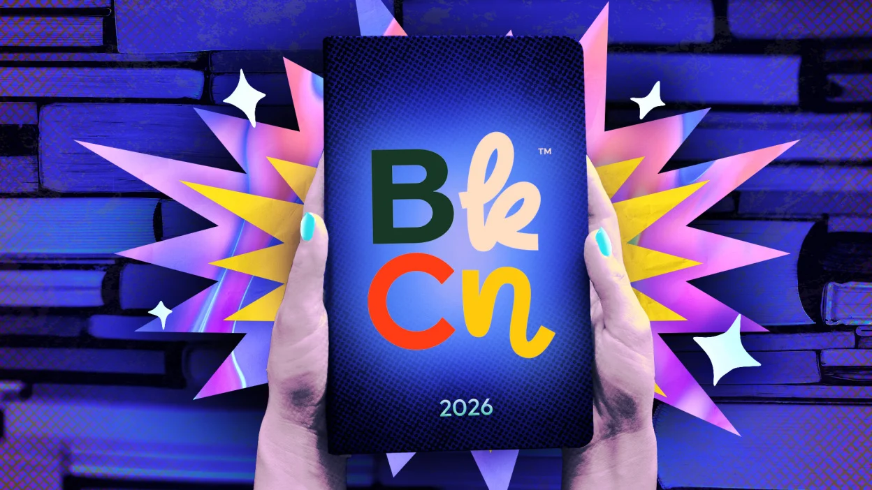 An illustration of a person holding a tablet that says BookCon