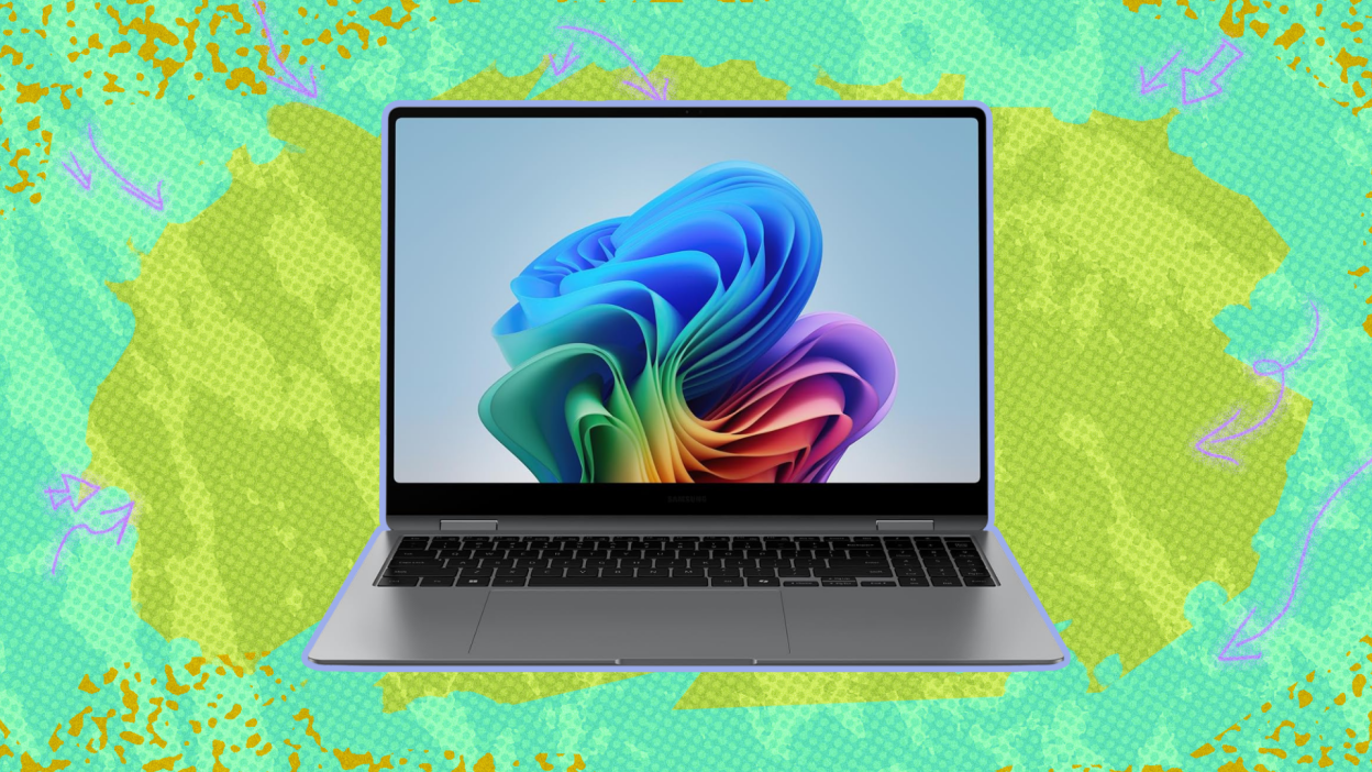 The Samsung Galaxy Book5 Pro 360 Copilot+ Business PC against a colorful background.