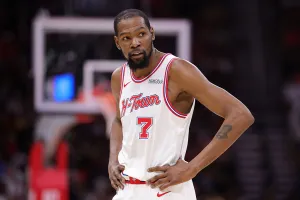 HOUSTON, TEXAS - APRIL 10: Kevin Durant #7 of the Houston Rockets looks on against the Minnesota Timberwolves during the second half at Toyota Center on April 10, 2026 in Houston, Texas. NOTE TO USER: User expressly acknowledges and agrees that, by downloading and or using this photograph, User is consenting to the terms and conditions of the Getty Images License Agreement. (Photo by Alex Slitz/Getty Images)